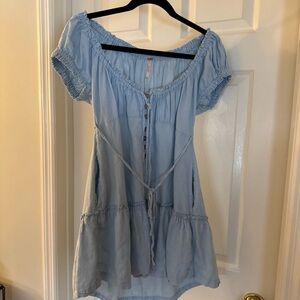 Free People Peasant Shorty Dress Or Tunic Top Womans Med Blue Linen Rayon Boho